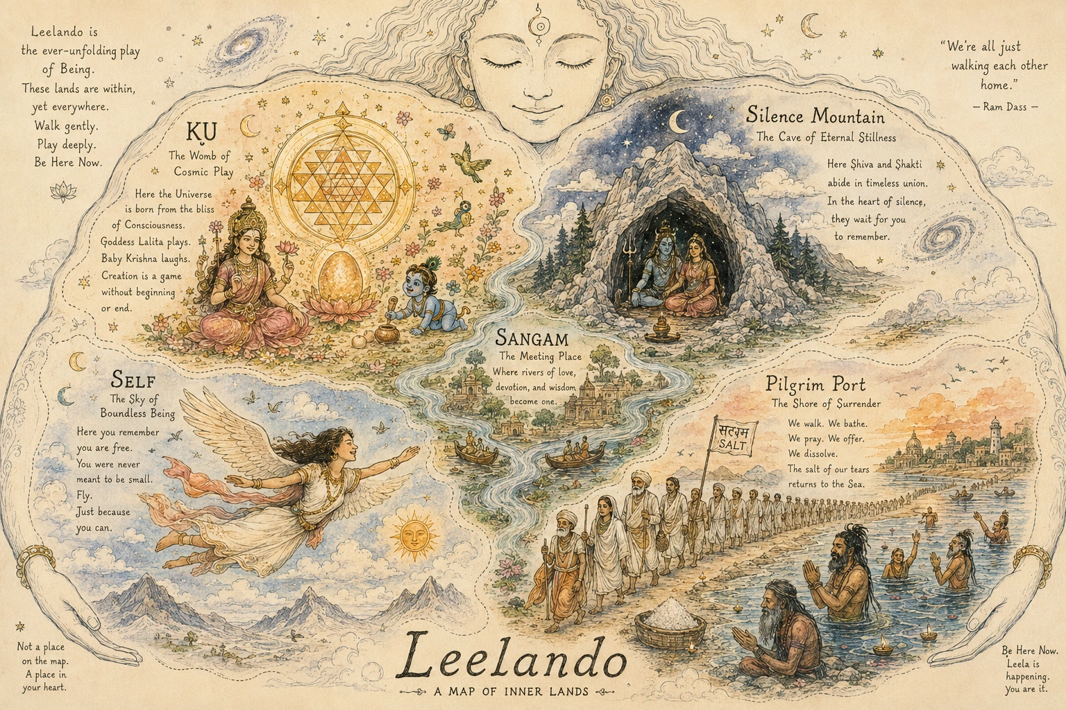 Leelandoの内なる世界を描いた地図。KU、SELF、SANGAM、静寂の山、巡礼の港が、ひとつの川と風景でつながっている。