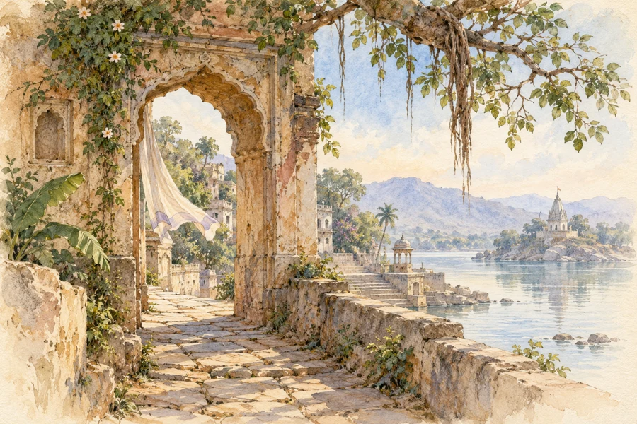アーチの先に聖地への道が続く、インドの風景の挿絵。