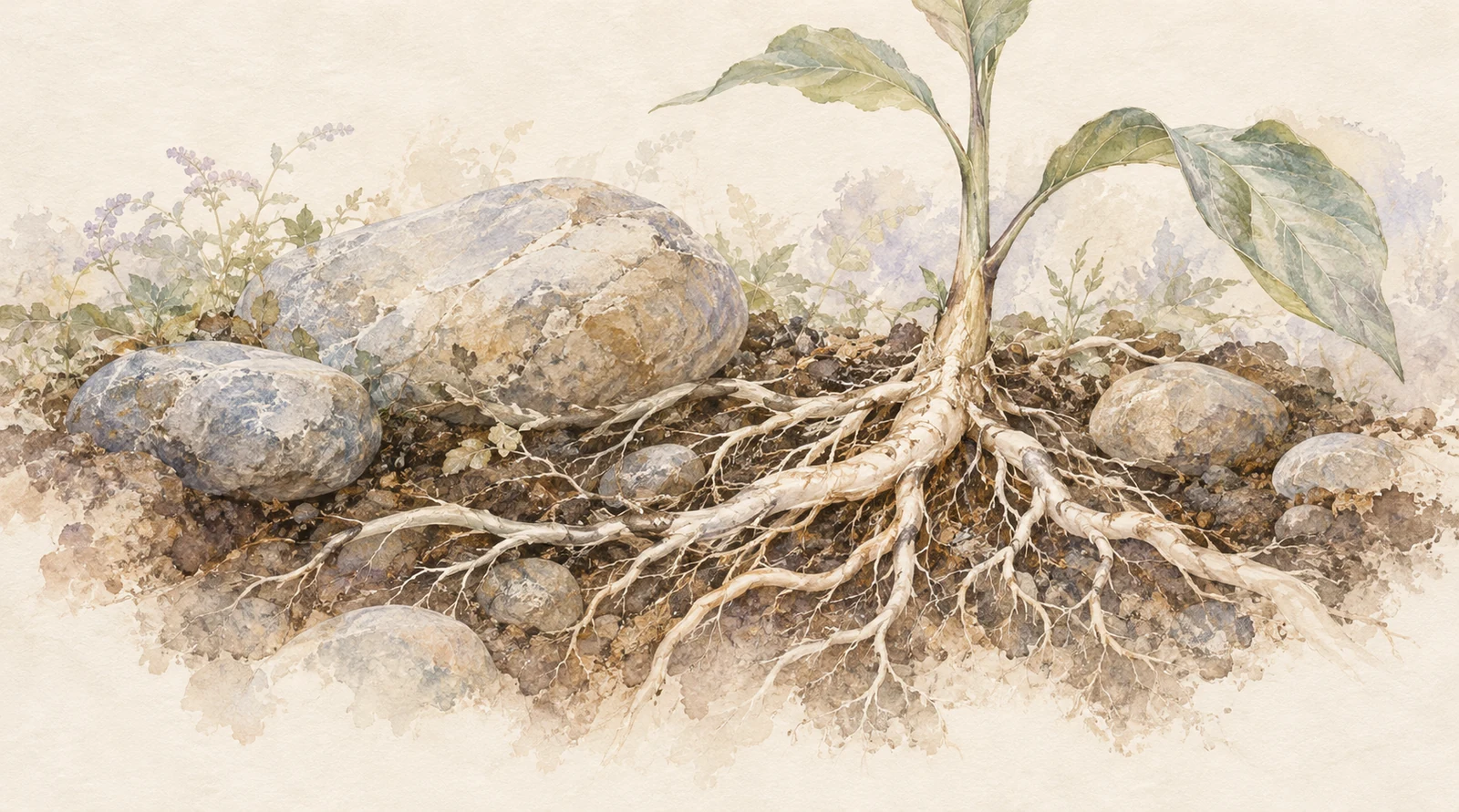 根を張る植物と静かな石。大地の支えを描く古典的な水彩画。