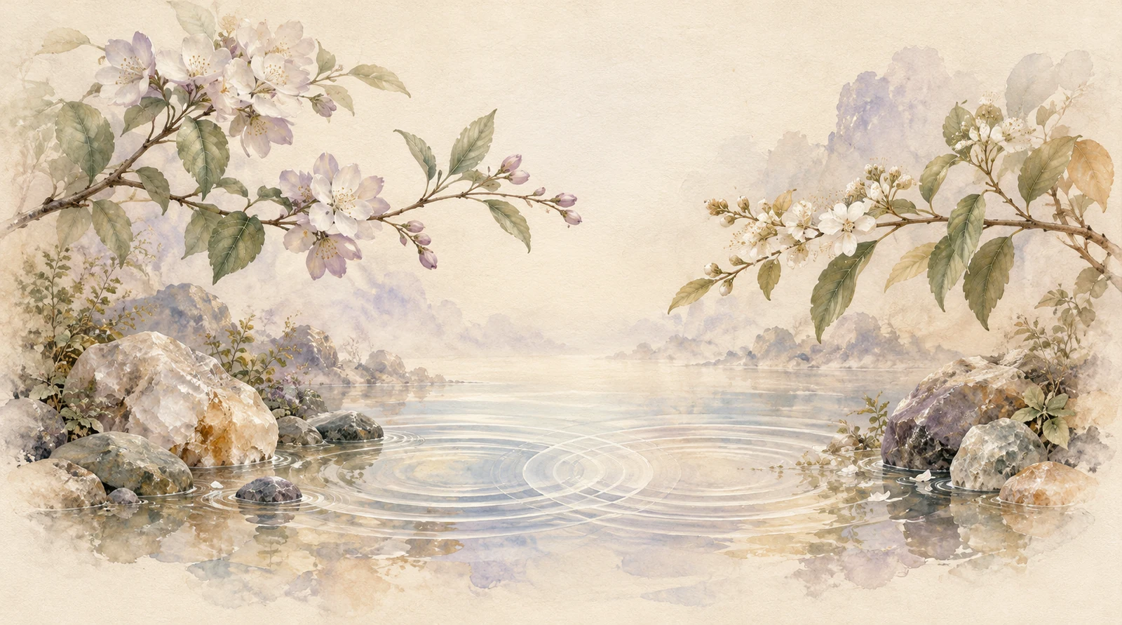 向かい合う枝と重なる水紋。世界と響き合う風景。
