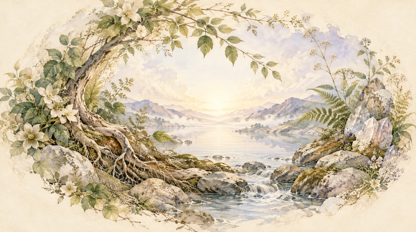 根・植物・鉱物・水がひとつの風景につながる生命の循環。