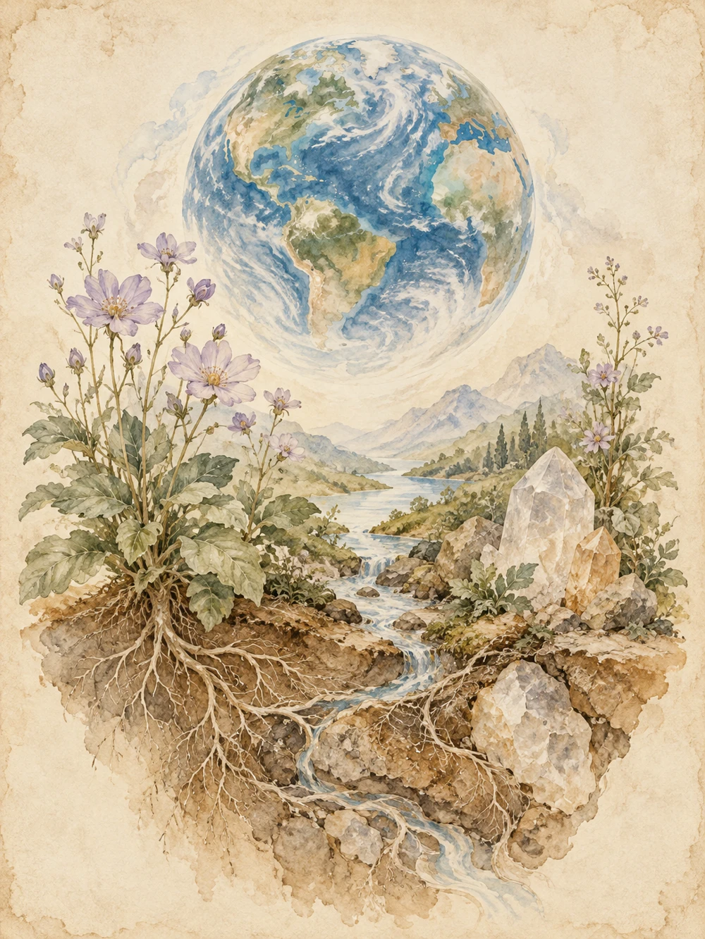 地球、根を張り花を咲かせる植物、水晶と水の流れがつながる、生成りの古典的な水彩画。自然界に現れるŚaktiを表す挿絵。
