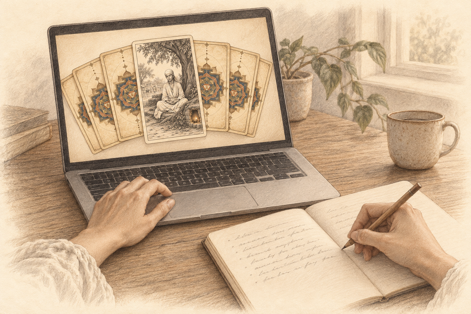 Web版でカードを一枚選び、開いたカードを見ながらノートに書き留める手元の鉛筆画。