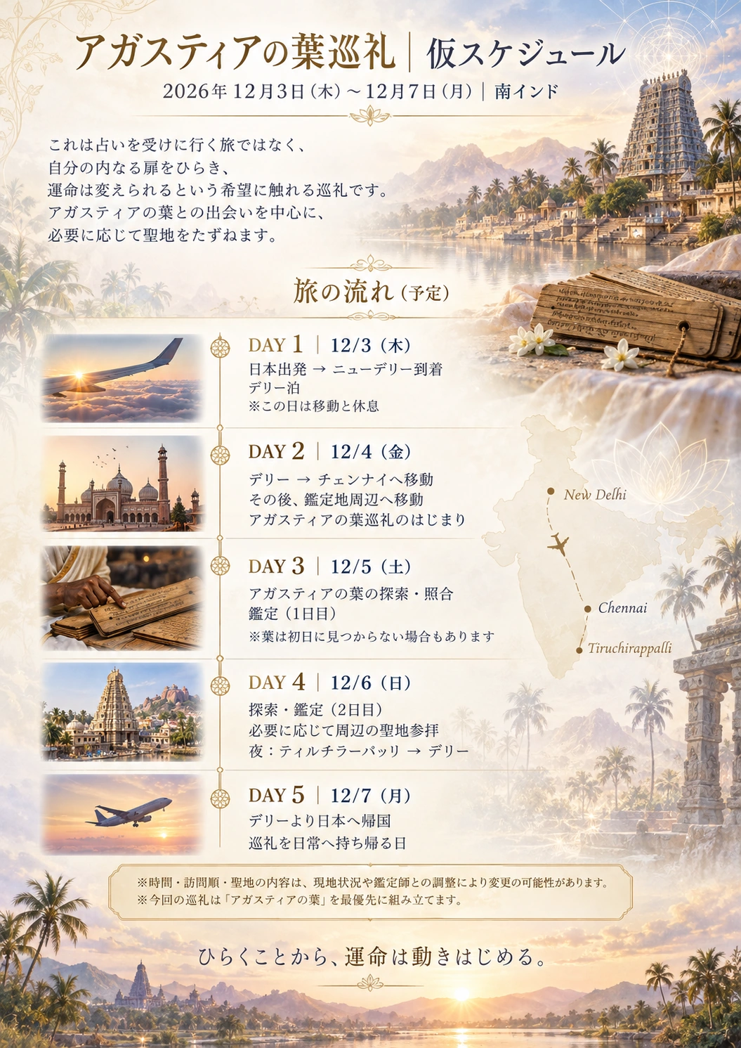 アガスティアの葉巡礼｜仮スケジュール。12月3日〜7日の予定と、探索・照合を優先する旨を記した作者提供の資料。