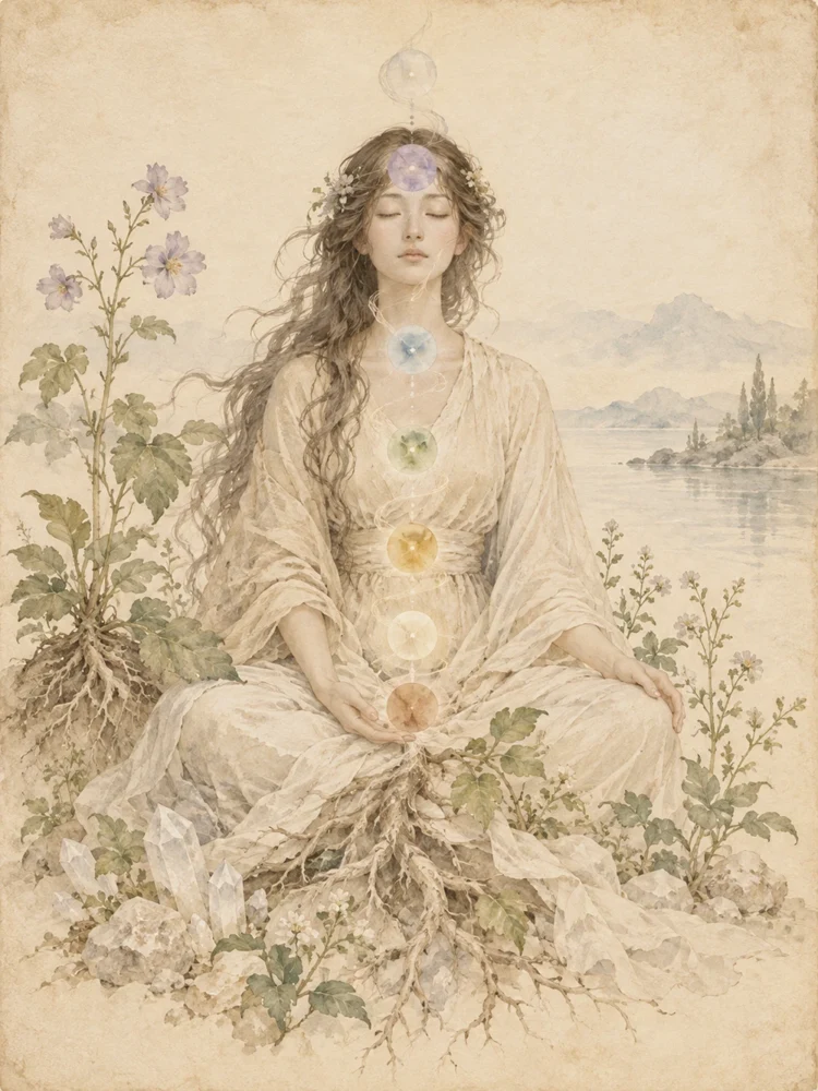 植物と鉱物に囲まれ、身体を通る七つの淡い円とともに座る象徴的な女神の挿絵